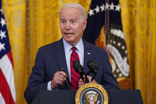 President Joe Biden speaks about infrastructure negotiations, in the East Room of the White House, Thursday, June 24, 2021, in Washington. (AP Photo/Evan Vucci) PHOTO CREDIT: Evan Vucci