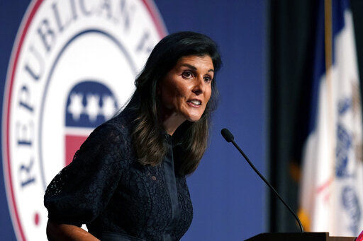 Former Ambassador to the United Nations Nikki Haley speaks during the Iowa Republican Party