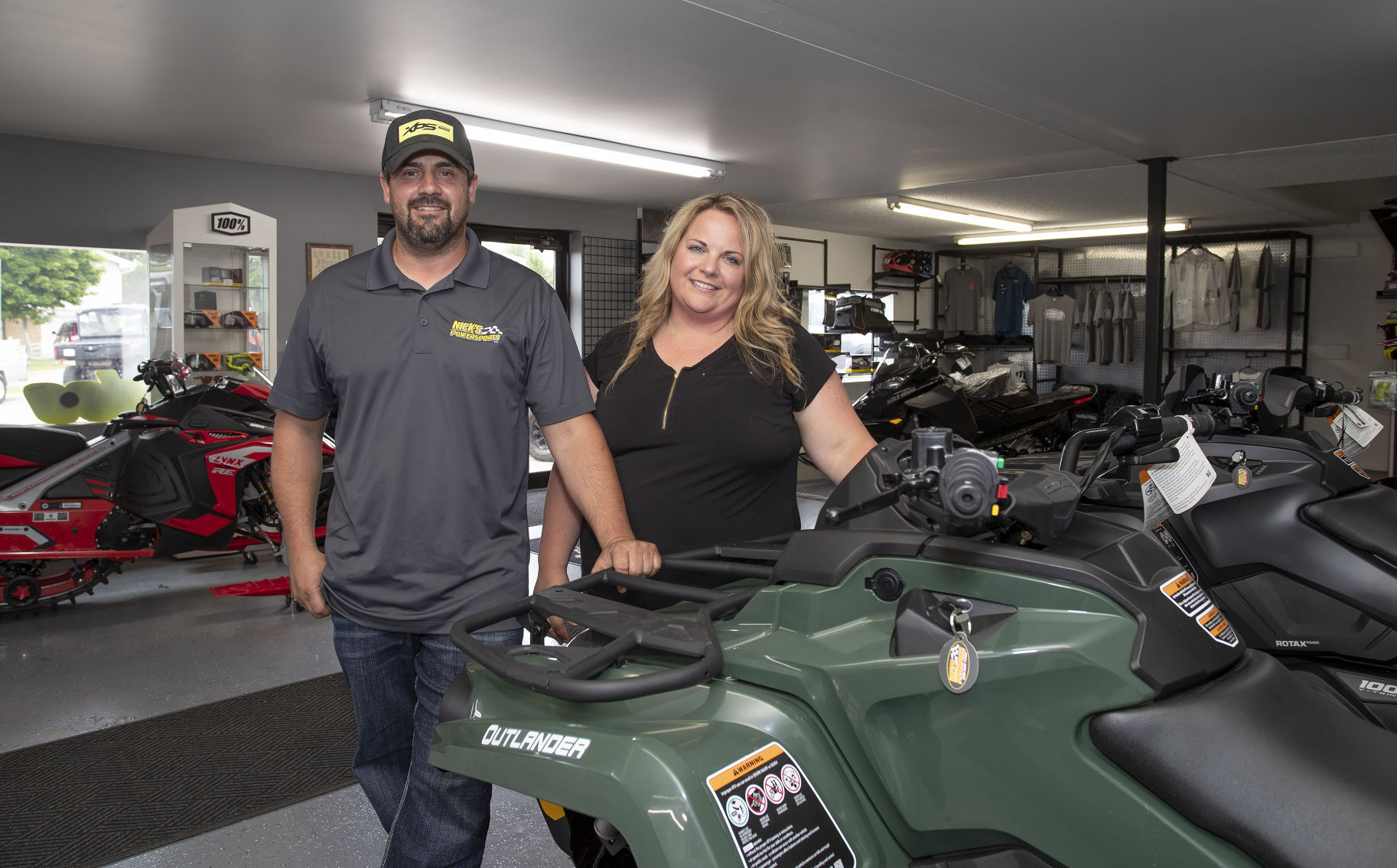 Nick and Jessica Leibfried, the owners of Nick’s Powersports, appear at the business’ current location at 315 N. Main St. in Dickeyville, Wis.    PHOTO CREDIT: Stephen Gassman, Telegraph Herald