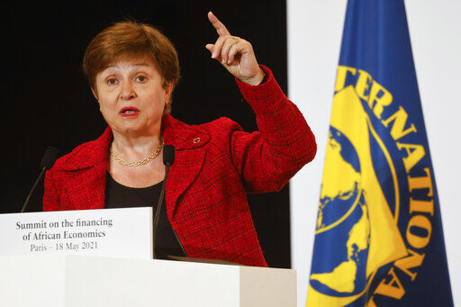 International Monetary Fund Managing Director Kristalina Georgieva speaks at the end of a summit in Paris. The IMF is sharply upgrading its economic outlook this year for the world’s wealthy countries, especially the United States, as COVID-19 vaccinations help sustain solid rebounds from the pandemic recession.     PHOTO CREDIT: Ludovic Marin