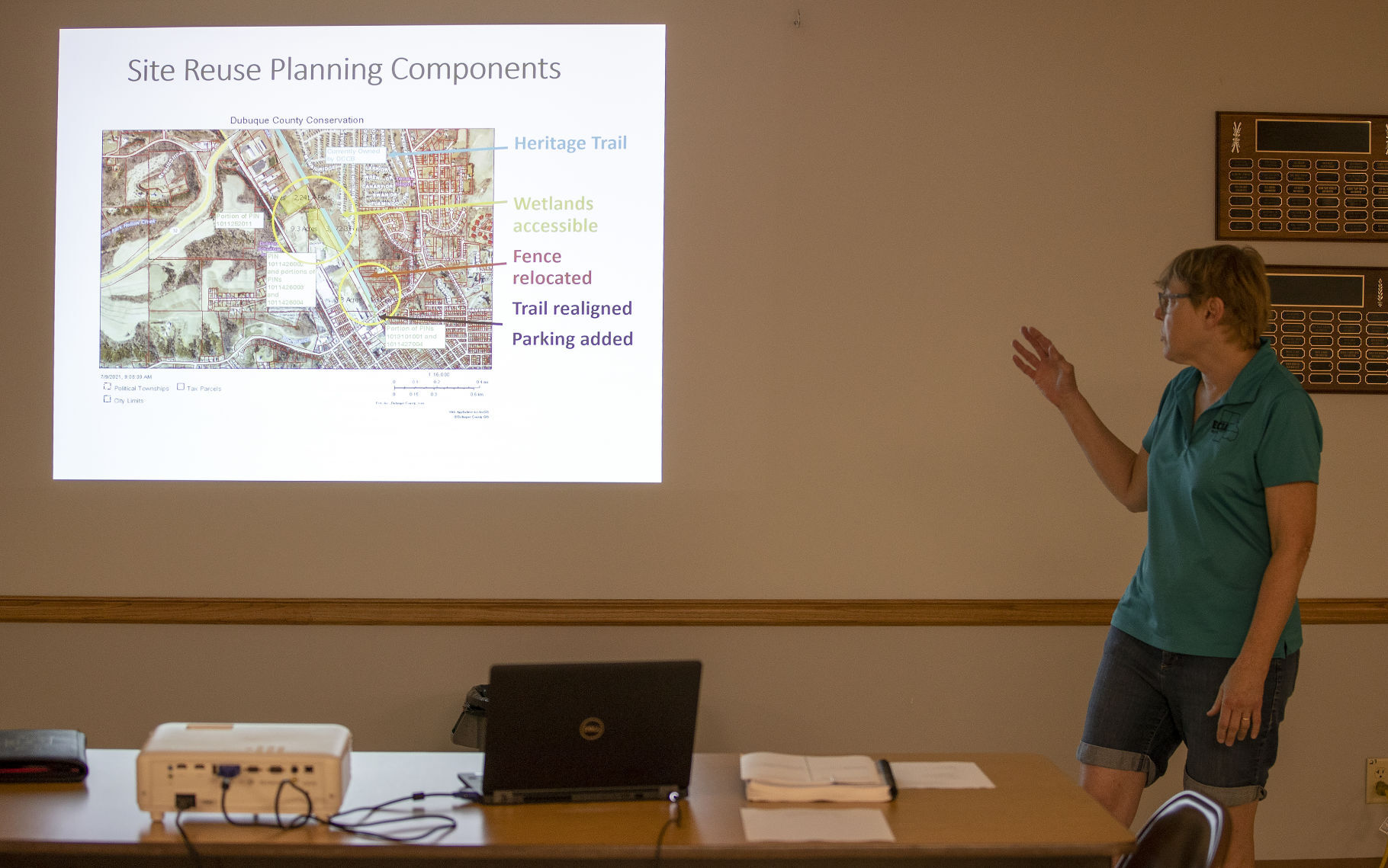 Laura Carstens, senior planner at East Central Intergovernmental Association, gives a presentation and asks for public input on possible utilization of the former Flexsteel Industries property on Jackson Street in Dubuque during a meeting on Thursday, July 29, 2021.    PHOTO CREDIT: Stephen Gassman