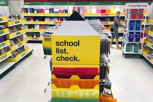 Back-to-school supplies await shoppers at a store in Marlborough, Mass. This year’s back-to-school shopping will include some unwanted lessons in dealing with supply-chain challenges.    PHOTO CREDIT: Bill Sikes