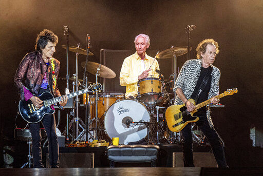 Ronnie Wood (from left), Charlie Watts and Keith Richards of The Rolling Stones perform on July 15, 2019. Watts has died. He was 80.    PHOTO CREDIT: Amy Harris