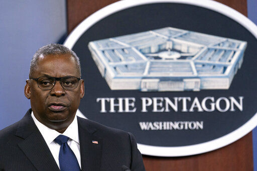 FILE - In this Wednesday, Aug. 18, 2021, file photo, Secretary of Defense Lloyd Austin speaks during a media briefing at the Pentagon in Washington. Military service members must immediately begin to get the COVID-19 vaccine, Austin said in a memo Wednesday, Aug. 25, 2021, ordering service leaders to “impose ambitious timelines for implementation.” (AP Photo/Alex Brandon, File)    PHOTO CREDIT: Alex Brandon