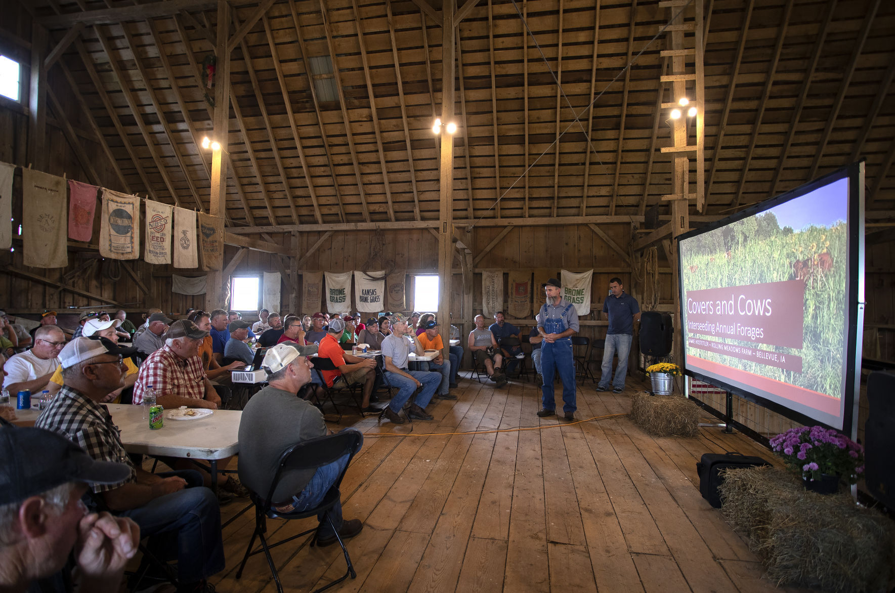 Jamie Hostetler, of Rolling Meadows Farms in Bellevue, Iowa, speaks during the Cover Crops and Grazing Field Day in rural Durango, Iowa, on Wednesday.    PHOTO CREDIT: Stephen Gassman