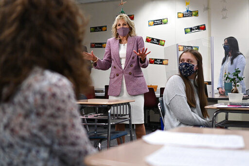 After months of teaching writing and English to community college students in boxes on a computer screen, first lady Jill Biden resumes teaching in person today from a classroom at Northern Virginia Community College, where she has worked since 2009.    PHOTO CREDIT: Mandel Ngan