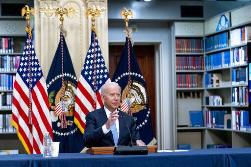 President Joe Biden speaks during a meeting with business leaders and CEOs on the COVID-19 response in the library of the Eisenhower Executive Office Building on the White House campus in Washington, Wednesday, Sept. 15, 2021. (AP Photo/Andrew Harnik)    PHOTO CREDIT: Andrew Harnik