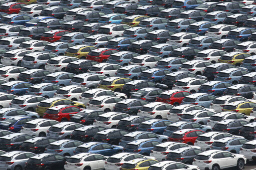 Subaru cars are parked to wait for export at Kawasaki port, near Tokyo. Japan’s exports rose 26% in August from a year earlier, below analysts’ forecasts, as supply chain disruptions hit manufacturers.    PHOTO CREDIT: Koji Sasahara