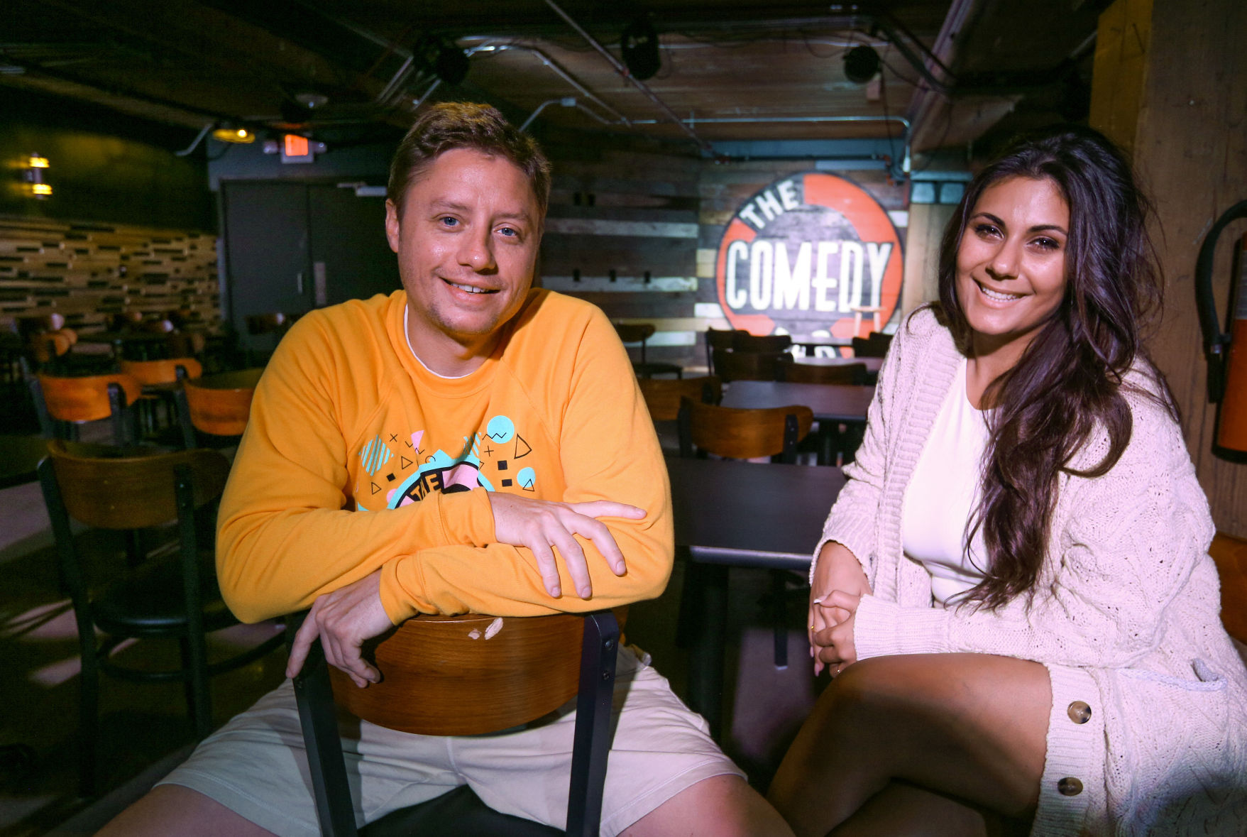 Kyle Lane and Sahar Chavoshi, co-owners of The Comedy Bar, will reopen their business Oct. 1.    PHOTO CREDIT: Dave Kettering