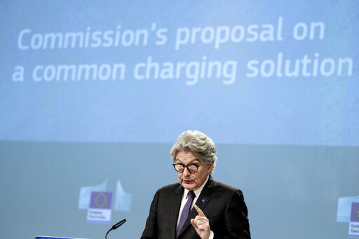 European Commissioner for Internal Market Thierry Breton speaks during a media conference on a common charging solution for mobile phones at EU headquarters in Brussels, Thursday, Sept. 23, 2021. The European Union unveiled plans Thursday that would require smartphone makers to adopt a single charging method for mobile devices. (AP Photo/Thierry Monasse)    PHOTO CREDIT: Thierry Monasse