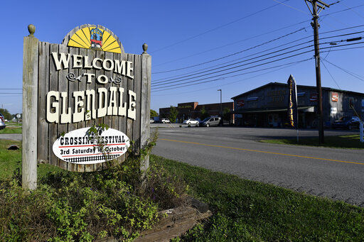 A sign welcomes visitors to the tiny town of Glendale, Ky., the site of a joint venture with Ford Motor Company and SK Innovation to create the $5.8 billion BlueOvalSK Battery Park.    PHOTO CREDIT: Timothy D. Easley