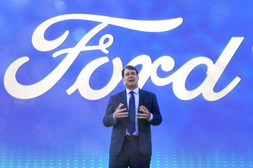 Jim Farley, Ford president and CEO, speaks during a presentation on the planned factory to build electric F-Series trucks and the batteries to power future electric Ford and Lincoln vehicles Tuesday, Sept. 28, 2021, in Memphis, Tenn. The plant in Tennessee is to be built near Stanton, Tenn. (AP Photo/Mark Humphrey)    PHOTO CREDIT: Mark Humphrey