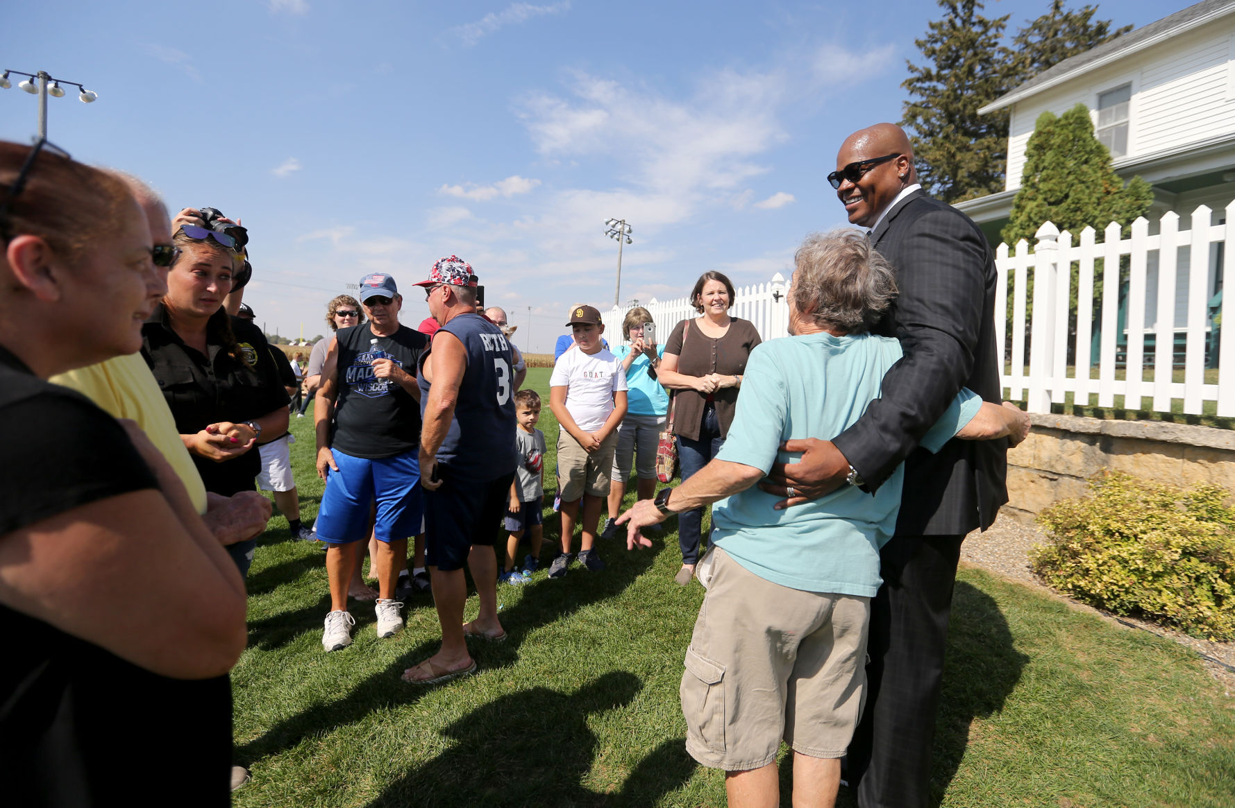 Baseball Hall of Famer Frank Thomas, who will serve as the CEO of Go the Distance Baseball, greets people after a press conference at the Field of Dreams in Dyersville, Iowa, on Thursday, Sept. 30, 2021.    PHOTO CREDIT: JESSICA REILLY