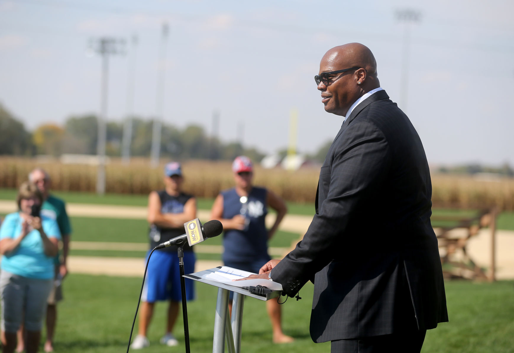 Baseball Hall of Famer Frank Thomas, who will serve as the CEO of Go the Distance Baseball, speaks during a press conference at the Field of Dreams in Dyersville, Iowa, on Thursday, Sept. 30, 2021.    PHOTO CREDIT: JESSICA REILLY