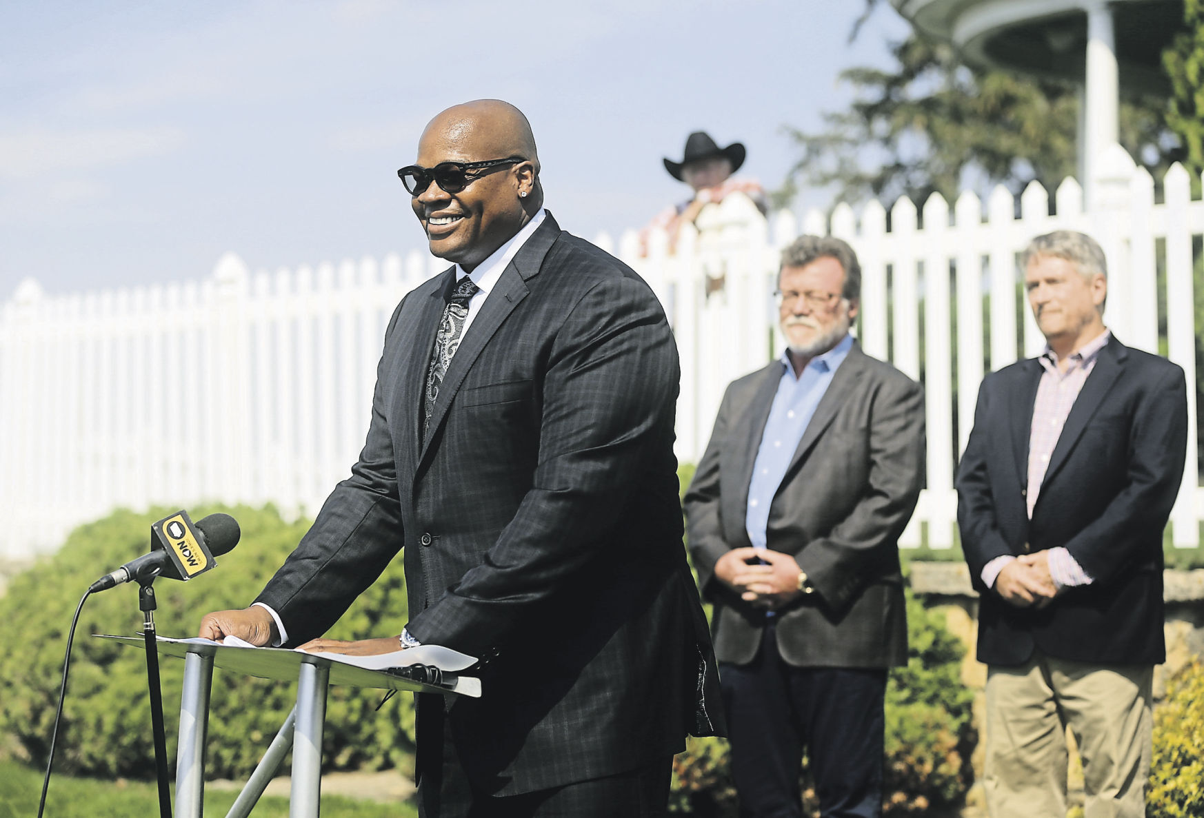 Major League Baseball Hall of Famer Frank Thomas, who will serve as the CEO of This is Heaven, LLC, speaks during a press conference at the Field of Dreams movie site on Thursday in Dyersville, Iowa.    PHOTO CREDIT: JESSICA REILLY
