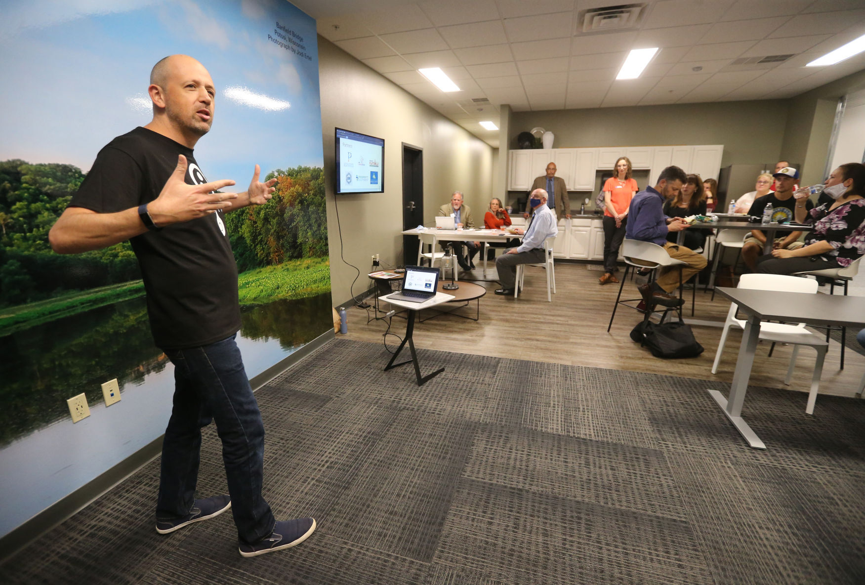 Jeremiah “Maia” Donohue speaks during the grand opening of the Innovation Driving Entrepreneurship Accelerator Hub, known as the IDEA Hub, at Platteville Business Incubator in Platteville, Wis., on Monday.    PHOTO CREDIT: JESSICA REILLY