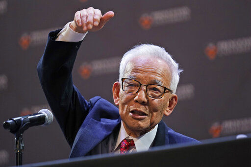 Syukuro Manabe speaks during a news conference in Princeton, N.J., Tuesday, Oct. 5, 2021. Manabe and two other scientists have won the Nobel Prize for physics for work that found order in seeming disorder, helping to explain and predict complex forces of nature, including expanding our understanding of climate change. (AP Photo/Seth Wenig)    PHOTO CREDIT: Seth Wenig