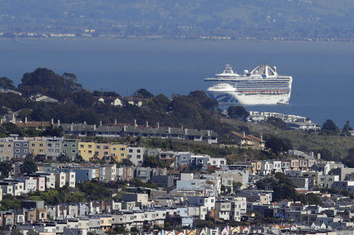 FILE - In this March 31, 2020, file photo, the Grand Princess cruise ship, carrying crew and passengers struck with the coronavirus, is shown in San Francisco. Cruise ships are returning to San Francisco after a 19-month hiatus brought on by the pandemic in what
