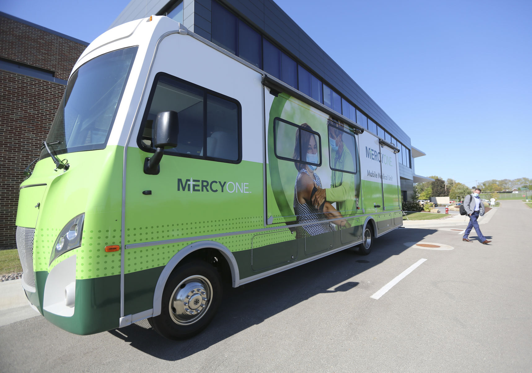 The new MercyOne mobile medical unit sits outside the MercyOne Dubuque Cancer Center on Tuesday.    PHOTO CREDIT: Dave Kettering