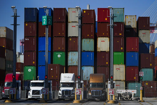 Containers are stacked at the Port of Long Beach in Long Beach in Calif., Friday, Oct. 1, 2021. U.S. manufacturing growth slowed in October amid growing headaches from supply chain bottlenecks. The Institute for Supply Management a trade group of purchasing managers, said Monday, Nov. 1, that its index of manufacturing activity dipped to a reading of 60.8% in October, 0.3 percentage-points below September’s 61.1%. (AP Photo/Jae C. Hong)    PHOTO CREDIT: Jae C. Hong