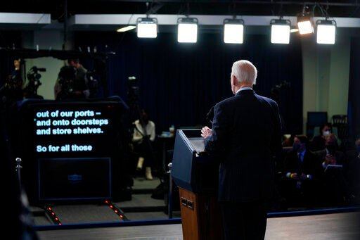 President Joe Biden delivers remarks on the economy in the South Court Auditorium on the White House campus, Tuesday, Nov. 23, 2021, in Washington. (AP Photo/Evan Vucci)    PHOTO CREDIT: Evan Vucci