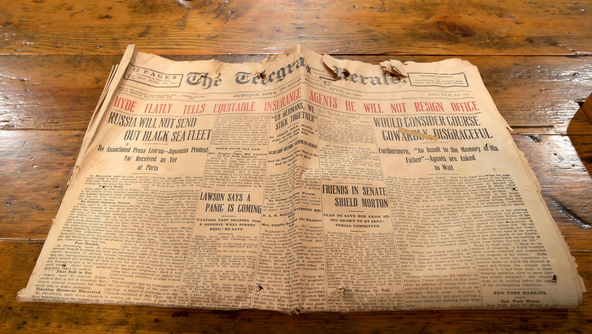 A Telegraph Herald newspaper dated April 20, 1905, was found in the wall of the Woodenhead cabin by Steve Ehlinger. Photo taken Friday, Dec. 10, 2021.    PHOTO CREDIT: Stephen Gassman