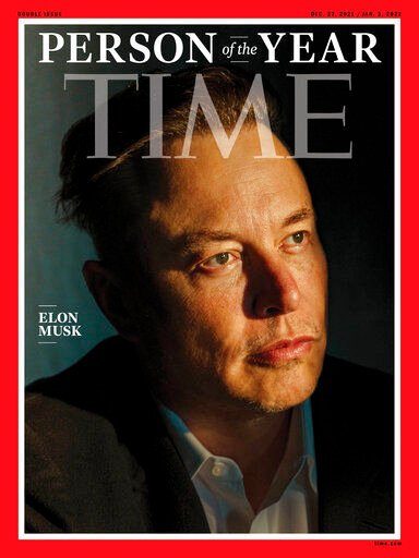 Time magazine has named Tesla CEO Elon Musk as its Person of the Year for 2021. Musk, who is also the founder and CEO space exploration company SpaceX, recently passed Amazon founder Jeff Bezos as the world’s wealthiest person.    PHOTO CREDIT: Time via AP
