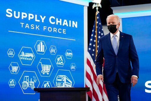 President Joe Biden arrives at a meeting with his task force on supply chain issues, Wednesday, Dec. 22, 2021, in the South Court Auditorium on the White House campus in Washington. (AP Photo/Patrick Semansky)    PHOTO CREDIT: Patrick Semansky