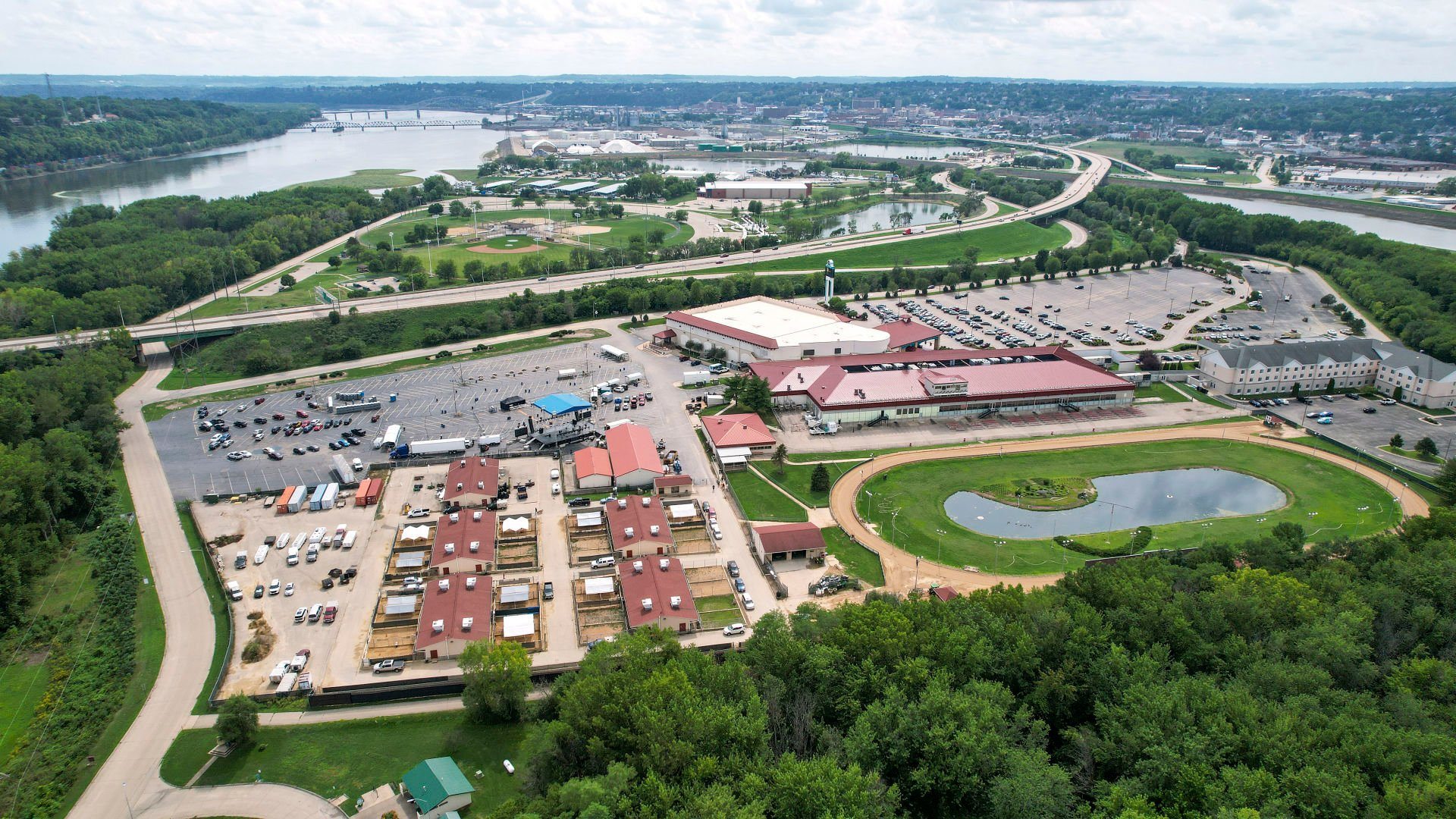 Iowa Greyhound Park (bottom right) will close after a final, abbreviated season ends in May 2022. The park will be incorporated into long-term plans for improvements to Chaplain Schmitt Island.    PHOTO CREDIT: Dave Kettering