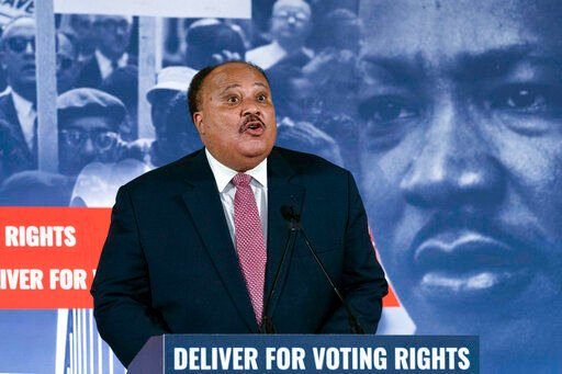 Martin Luther King III, speaks during a news conference in Washington, Monday, Jan. 17, 2022. King