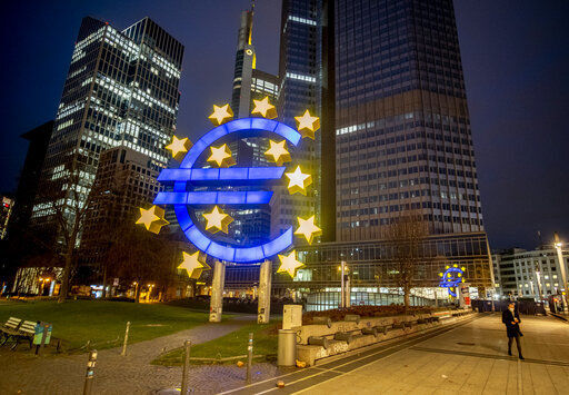 Growth in the 19 European Union countries that use the euro slowed down in the last three months of 2021. The European Union statistics agency said today that it was at 0.3%, down from 2.2% recorded in the July-September quarter.    PHOTO CREDIT: Michael Probst