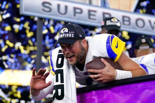 Los Angeles Rams quarterback Matthew Stafford celebrates after the Rams defeated the Cincinnati Bengals in the Super Bowl Sunday. An estimated 101.1 million people watched the Super Bowl on NBC and Telemundo, up from 2021.    PHOTO CREDIT: Marcio Jose Sanchez