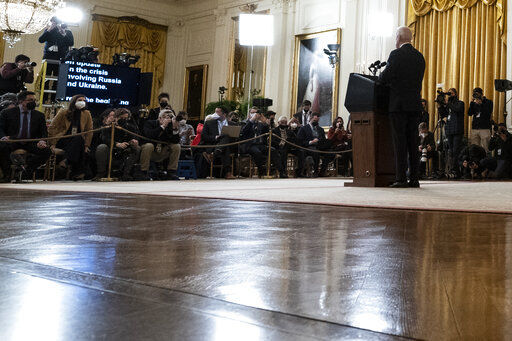 President Joe Biden speaks about Ukraine in the East Room of the White House, Tuesday, Feb. 15, 2022, in Washington. (AP Photo/Alex Brandon)    PHOTO CREDIT: Alex Brandon