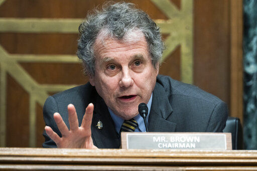 Committee Chairman Sherrod Brown, D-Ohio, speaks during a Senate Banking Committee hearing, Thursday, March 3, 2022 on Capitol Hill in Washington. (Tom Williams, Pool via AP)    PHOTO CREDIT: Tom Williams