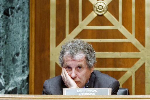 Committee Chairman Sen. Sherrod Brown, D-Ohio, listens during a Senate Banking, Housing, and Urban Affairs Committee hearing, Thursday, March 3, 2002 on Capitol Hill in Washington. (Jonathan Ernst, Pool via AP)    PHOTO CREDIT: Jonathan Ernst