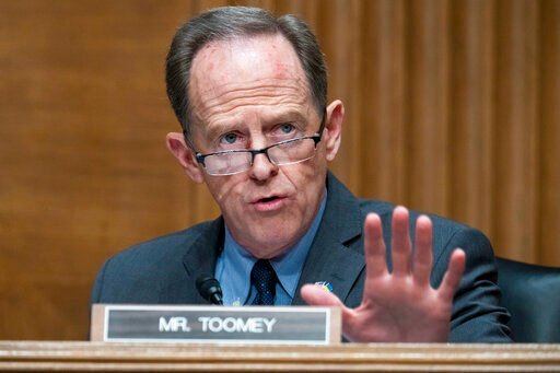 Sen. Pat Toomey, R-Pa., speaks during a Senate Banking Committee hearing, Thursday, March 3, 2022 on Capitol Hill in Washington. (Tom Williams, Pool via AP)    PHOTO CREDIT: Tom Williams