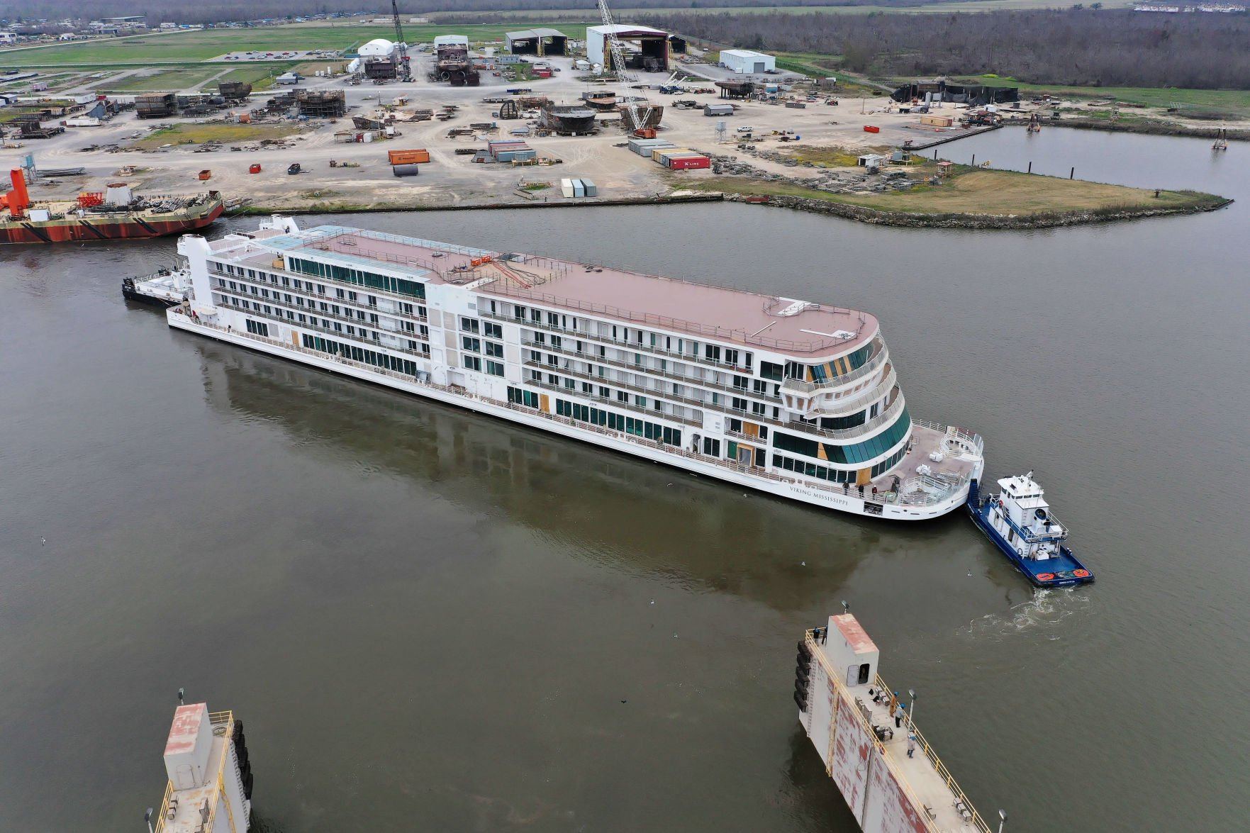 The ship Viking Mississippi had its “float out” this week in Louisiana. The company will launch Mississippi River tours this summer that include stops in Dubuque.    PHOTO CREDIT: Viking