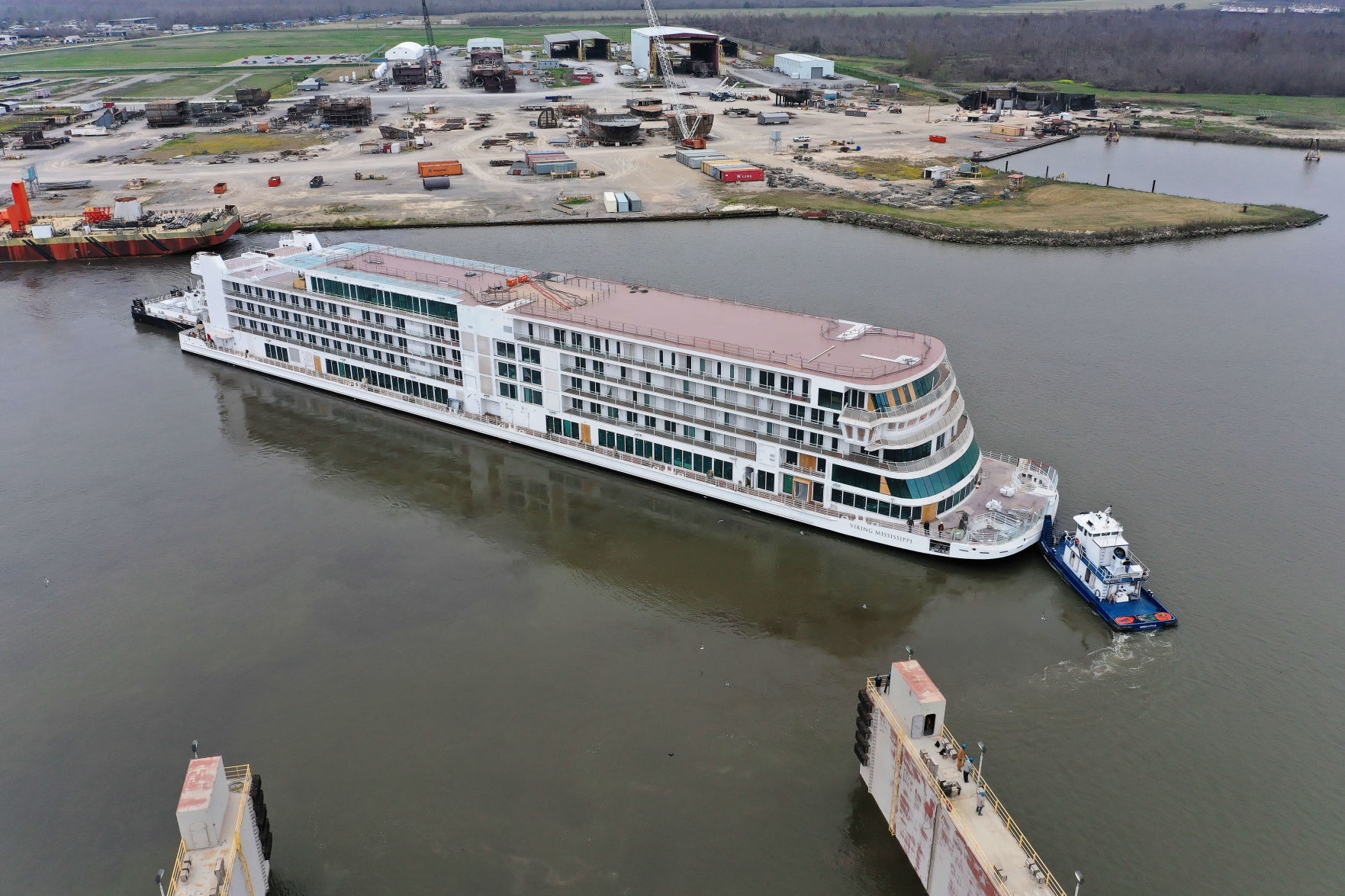 The Viking Mississippi ship had its "float out" this week in Louisiana. The company will launch Mississippi River tours this summer that include stops in Dubuque.     PHOTO CREDIT: Viking