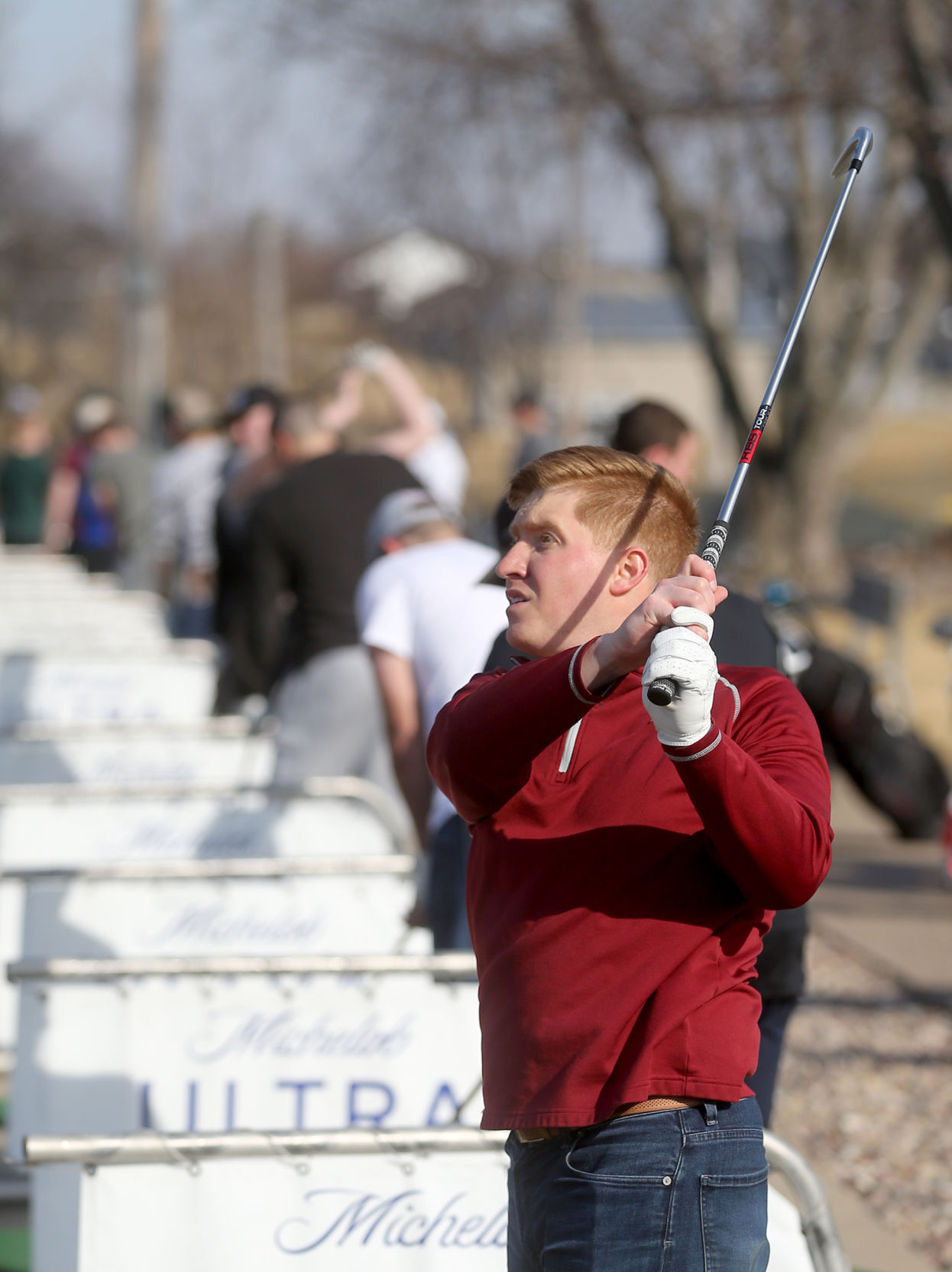 Jeremy Gerardy, of Dubuque, hits balls at Derby Grange Golf & Recreation in Dubuque on Wednesday, March 16, 2022.    PHOTO CREDIT: JESSICA REILLY