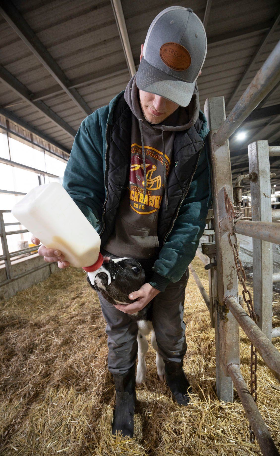 Cody Breuer bottle feeds a calf on the Peter Winch farm in rural Fennimore, Wis., on Wednesday, March 23, 2022.    PHOTO CREDIT: Stephen Gassman
