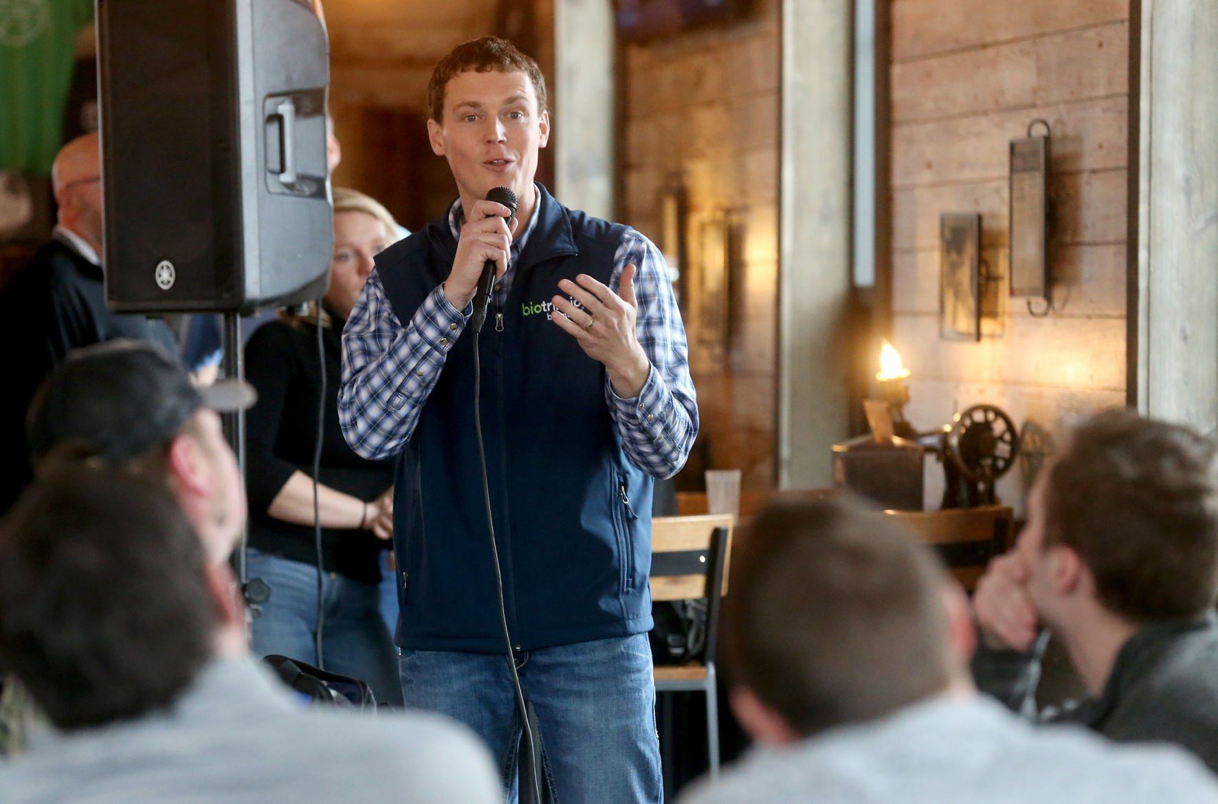 Evan Brehm, with Indigo Ag, gives a presentation during a Farm to Brew event at Textile Brewing Co. in Dyersville, Iowa, on Wednesday, March 30, 2022.    PHOTO CREDIT: JESSICA REILLY