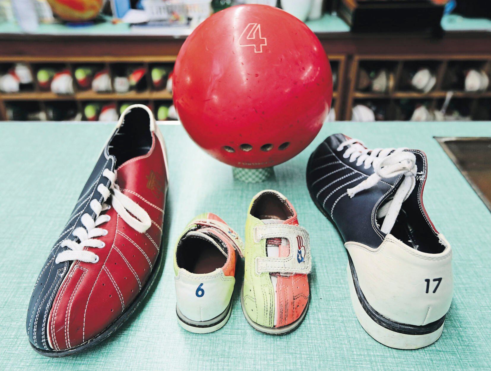 Bowling shoe sizes ranging from adult 17 to youth 6.    PHOTO CREDIT: Dave Kettering
