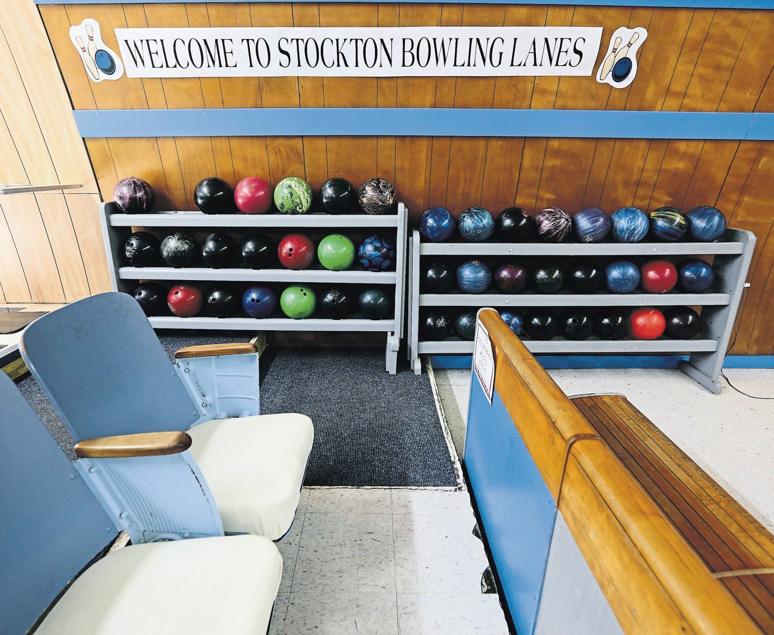 Vintage seats and bowling balls at Stockton Bowling Lanes.    PHOTO CREDIT: Dave Kettering