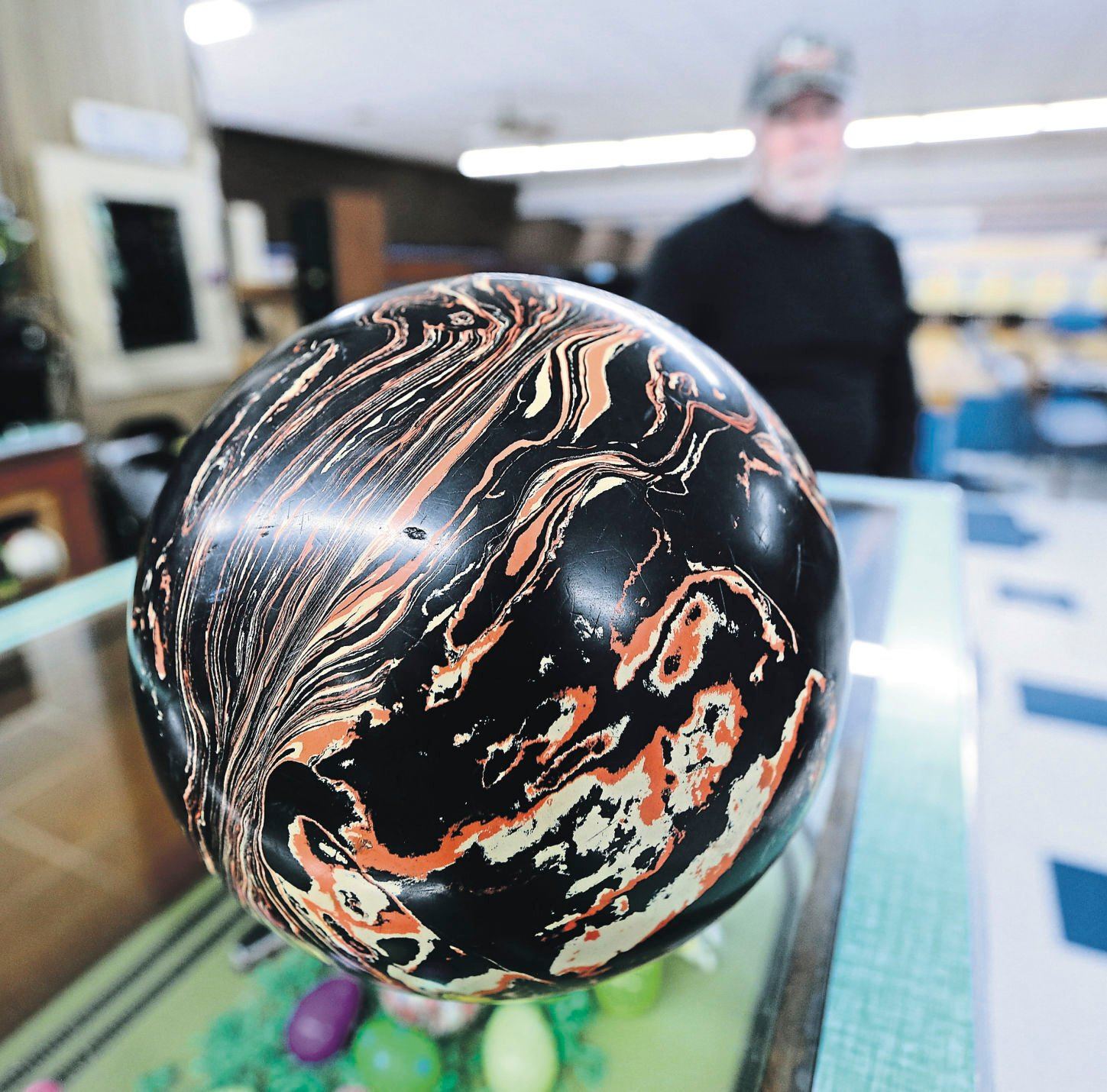 A bowling ball from the 1940s that is in use today.    PHOTO CREDIT: Dave Kettering