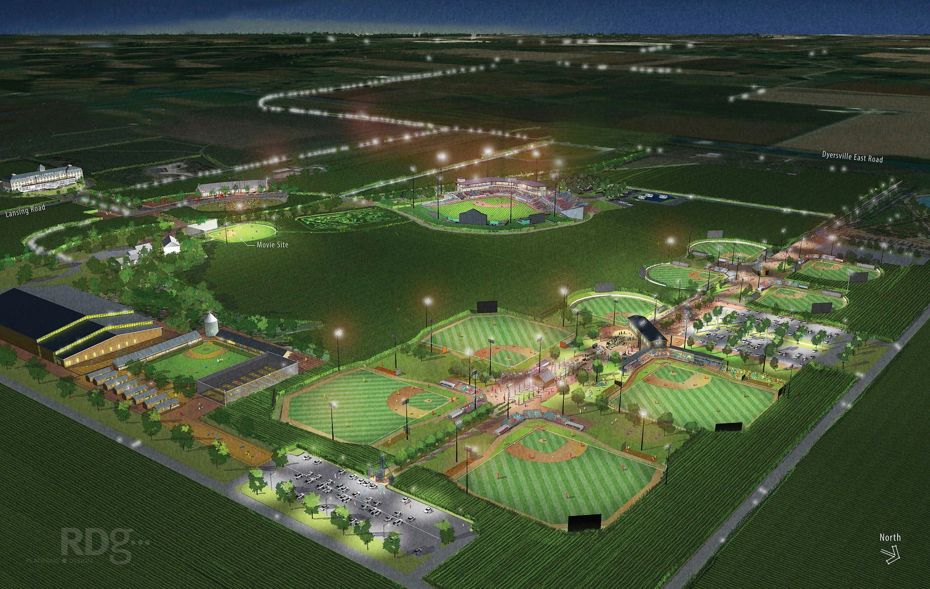 The expansion at the Field of Dreams includes a hotel, fieldhouse, amphitheater, RV park, ballfields and team dorms.    PHOTO CREDIT: Courtesy of RDG Planning & Design