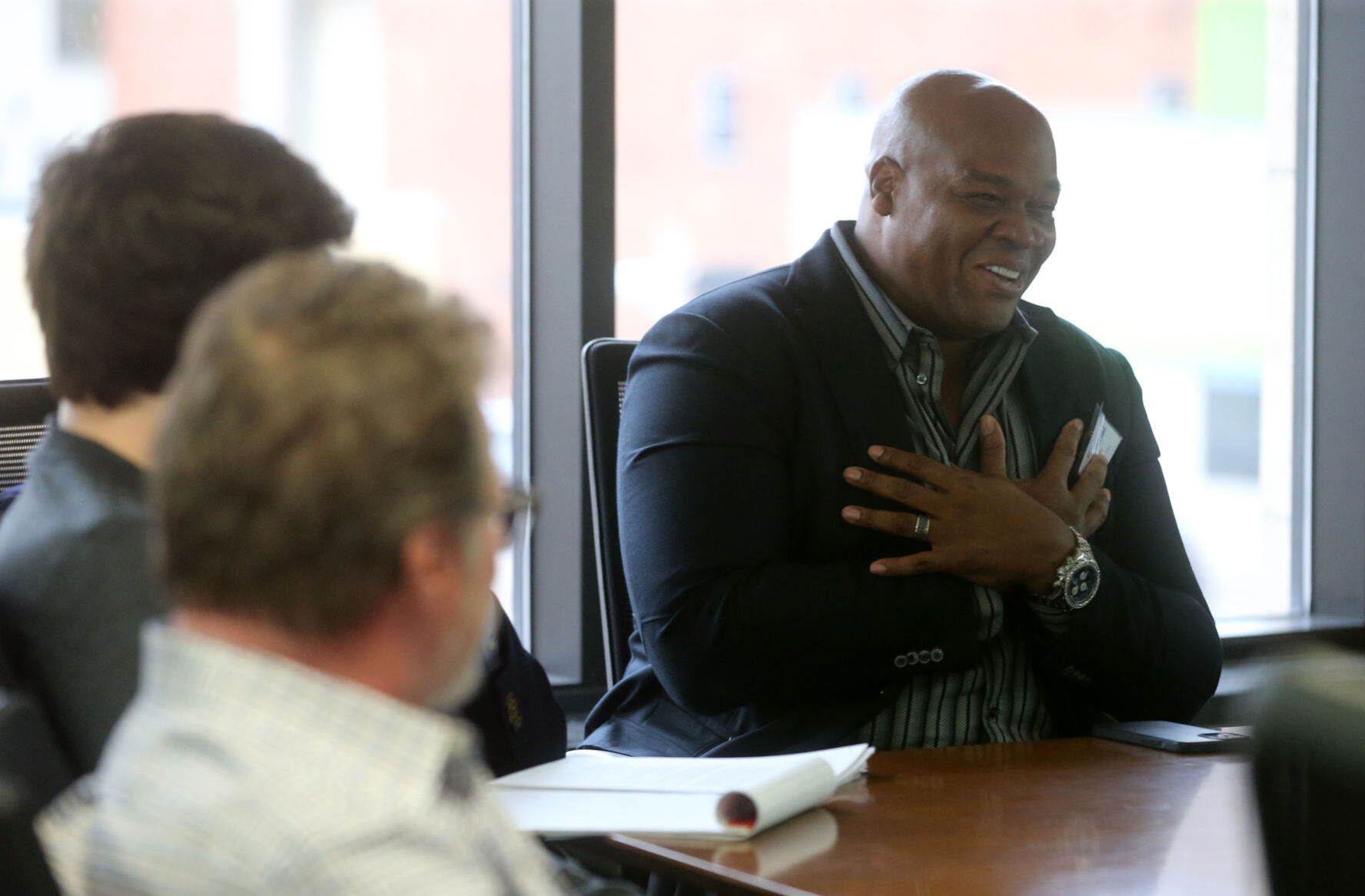 Major League Baseball Hall of Famer Frank Thomas, CEO of Go the Distance Baseball, talks about a planned expansion at the Field of Dreams during a meeting at the Telegraph Herald in Dubuque on Wednesday, April 13, 2022. Go The Distance Baseball plans an $80 million expansion to the Dyersville, Iowa, movie site.    PHOTO CREDIT: JESSICA REILLY