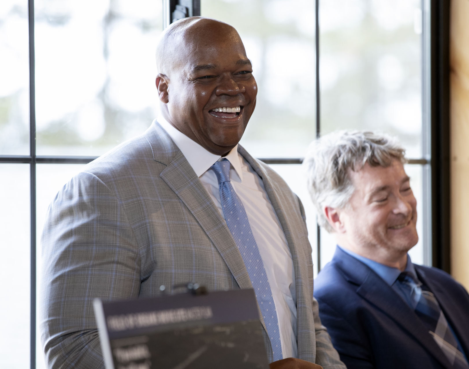 Major League Baseball Hall of Famer Frank Thomas, CEO of Go the Distance Baseball, laughs during a press conference at the Field of Dreams on Thursday, April 14, 2022, to discuss a planned, $80 million expansion for the iconic movie site.    PHOTO CREDIT: Stephen Gassman