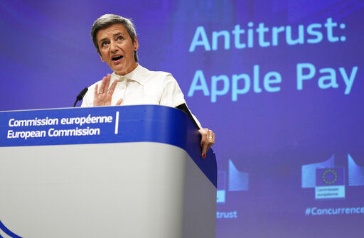 European Commissioner for Europe fit for the Digital Age Margrethe Vestager speaks during a media conference at EU headquarters in Brussels, Monday, May 2, 2022. The European Commission said on Monday it believes Apple abused its dominant position by limiting access to rivals to its mobile payment system, Apple Pay. (AP Photo/Virginia Mayo)    PHOTO CREDIT: Virginia Mayo