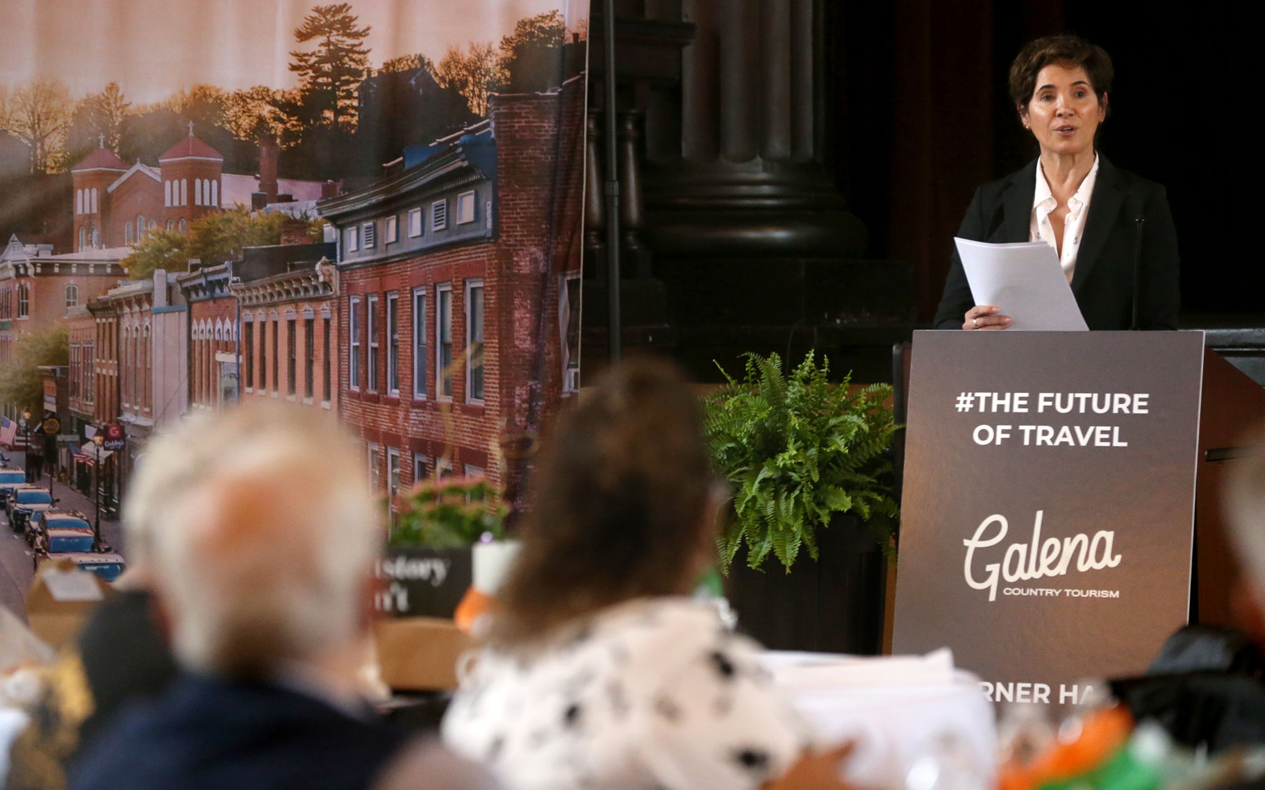 Karla Flannery, deputy director at Illinois Office of Tourism, speaks during the Galena Country Tourism luncheon at Turner Hall in Galena, Ill., on Tuesday, May 3, 2022.    PHOTO CREDIT: JESSICA REILLY