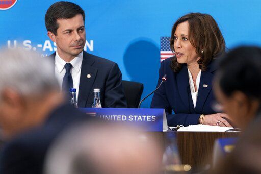 Vice President Kamala Harris, right, next to Transportation Secretary Pete Buttigieg, speaks during a plenary session of the US-ASEAN Summit, Friday, May 13, 2022, at the State Department in Washington. (AP Photo/Jacquelyn Martin)    PHOTO CREDIT: Jacquelyn Martin